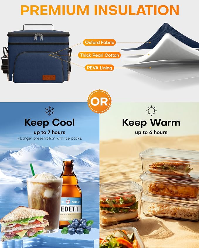 HOTOR Insulated Lunch Box Men Women Leak-Proof Cooler Lunch Bag 15L | 4 Pockets, Adjustable Strap, Ideal for Work, Picnic, Travel, Camping, Gift