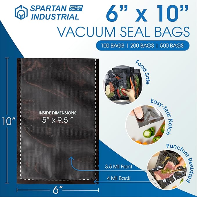Spartan Industrial 6" X 10" Vacuum Sealer Bags - 100 Count BPA-Free Food Storage Bags for Marinating, Freezing, Sous Vide Cooking