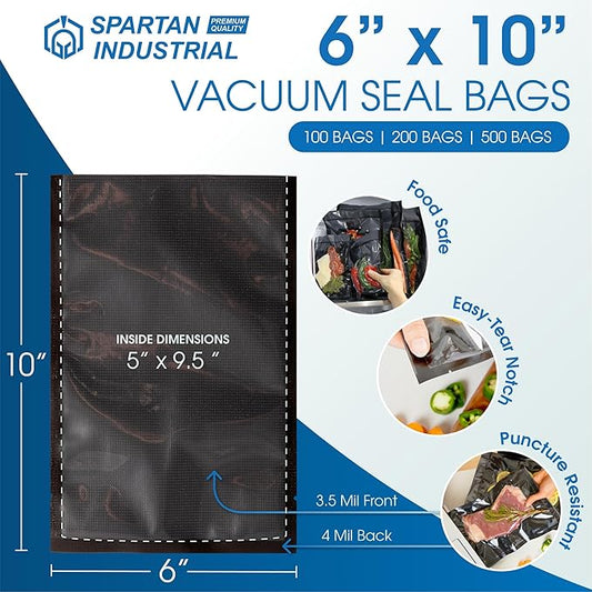 Spartan Industrial 6" X 10" Vacuum Sealer Bags - 100 Count BPA-Free Food Storage Bags for Marinating, Freezing, Sous Vide Cooking