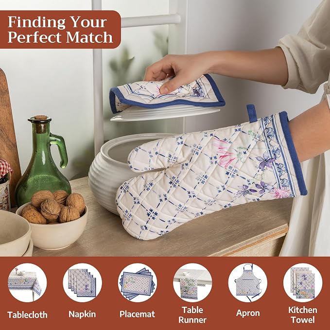 Maison d' Hermine 100% Cotton Oven Mitt & Pot Holder Set (7.5"x13" & 8"x8") | Heat Resistant BBQ Cooking Gloves with Loop Baking Grilling Kitchen Hotel Home Farmhouse Spring Summer - Faience