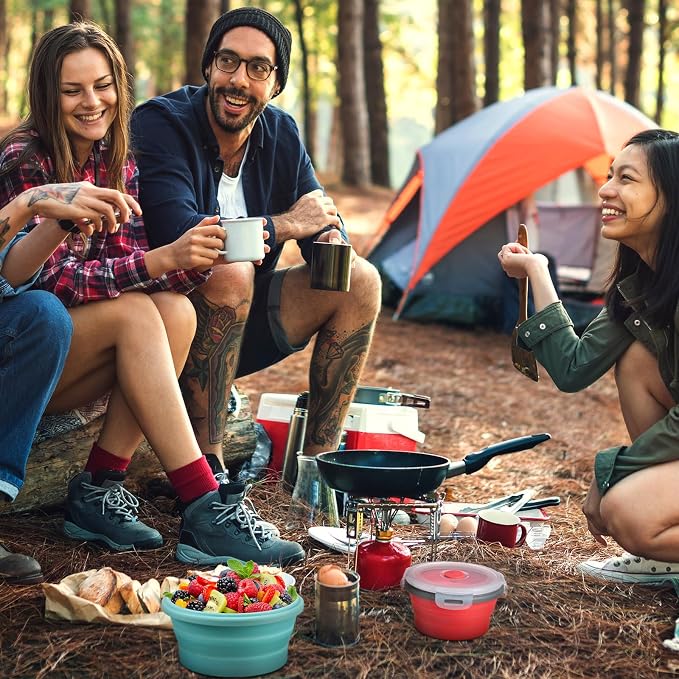 4 Pcs Collapsible Bowls with Lids Silicone Camping Food Storage Container Expandable Folding Salad Lunch Box Travel Container for Hiking Camping