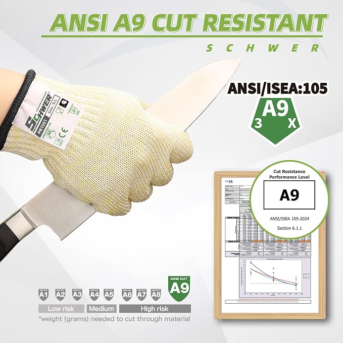 Schwer SlicePro ANSI A9 Cut Resistant Gloves, Food Grade Cutting Gloves for Kitchen Food Prep, Mandoline Gloves for Meat Cutting, Oyster Shucking, Fish Fillet Processing, PR1501, 10 Pairs, S
