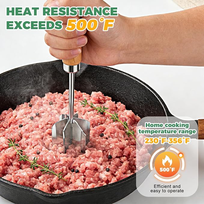 304 Stainless Steel Meat Chopper & Masher - Heavy Duty 6 Curve Blades Ground Beef Chopper Tool Potato Masher Hamburger Smasher Tool