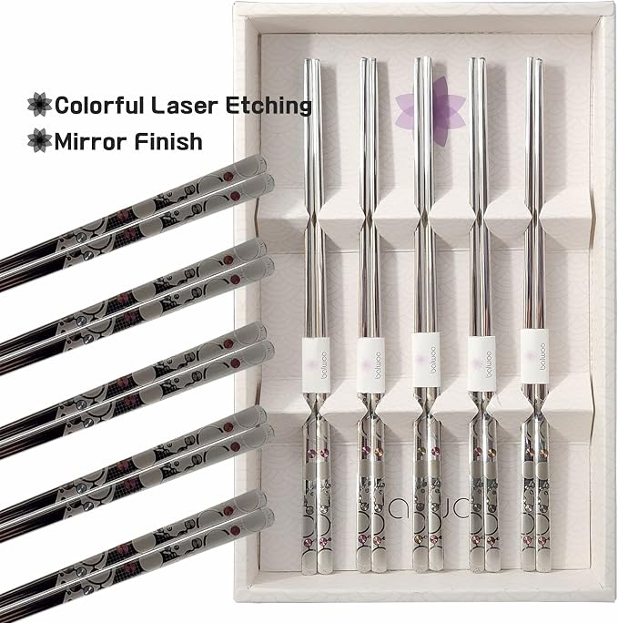 Chopsticks [Made in Korea][5 Sets] 430 Premium Stainless Steel Chopsticks, Mukbang Kitchen Utensil, Cutlery Silverware Stainless Tableware (The milky way)