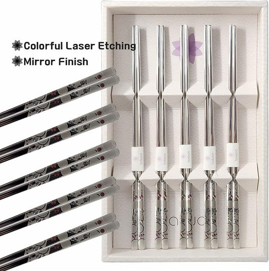 Chopsticks [Made in Korea][5 Sets] 430 Premium Stainless Steel Chopsticks, Mukbang Kitchen Utensil, Cutlery Silverware Stainless Tableware (The milky way)