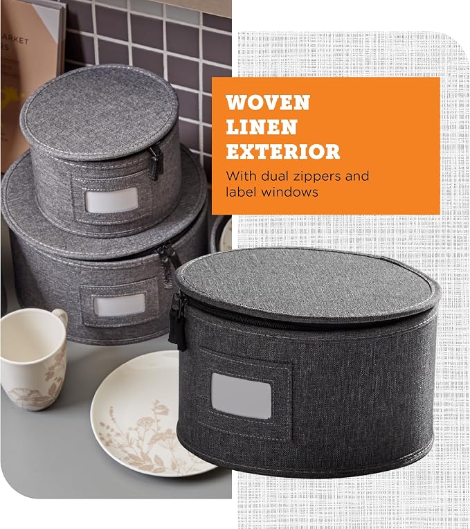 storageLAB 4-Piece China Plate Storage Set | Hard Shell Dividers | Gray | 4 hard shell plate cases - dinner, salad, dessert & saucer, 12 plates each, 48 total. Felt dividers, stackable.