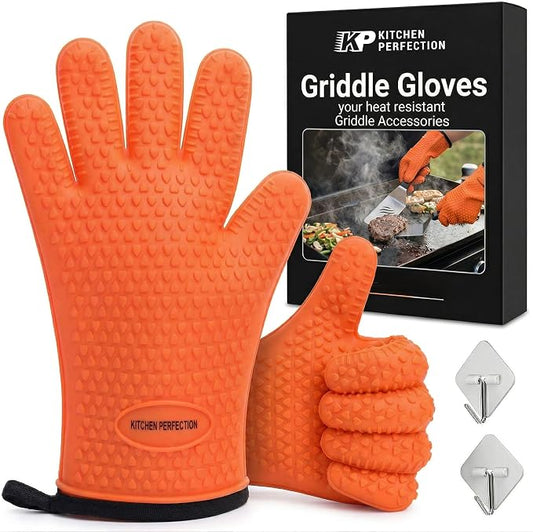 KITCHEN PERFECTION Silicone Griddle Grill Gloves Heat Resistant Oven Mitts | Waterproof, 5-Finger Design For A Better Grip, Best Griddle Grilling Accessories, Compatible with Blackstone, Weber & More