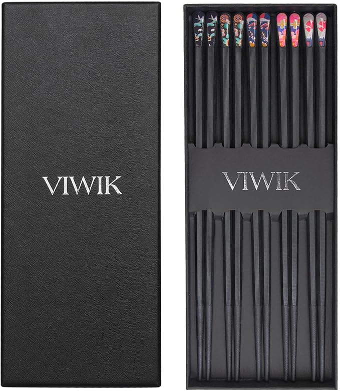 VIWIK 5 Pairs Reusable Chopsticks Premium Fiberglass Cute Japanese Korean Style Dishwasher Safe Chop sticks 9.5 Inch Gift Set