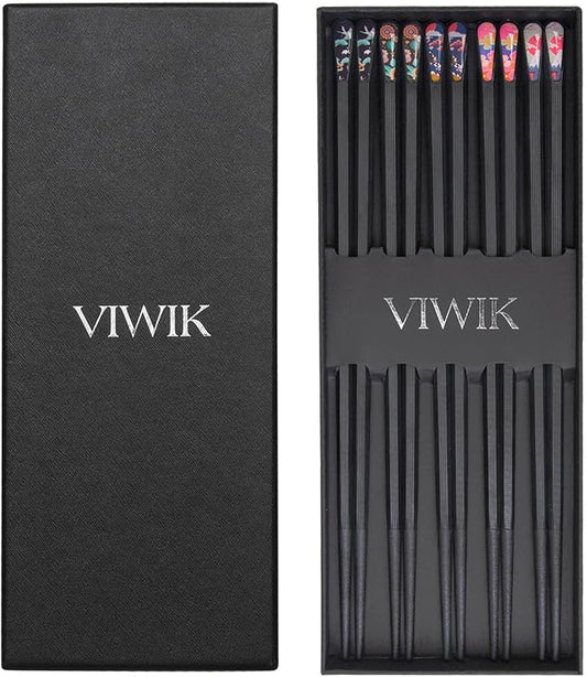 VIWIK 5 Pairs Reusable Chopsticks Premium Fiberglass Cute Japanese Korean Style Dishwasher Safe Chop sticks 9.5 Inch Gift Set