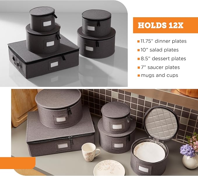 storageLAB 5-Piece China Storage Set | Plates & Mugs | Woven Linen | Gray | Full china set for 12 - 4 plate cases + mug case, zipper closure. Hard shell, felt dividers, stackable, top-load.