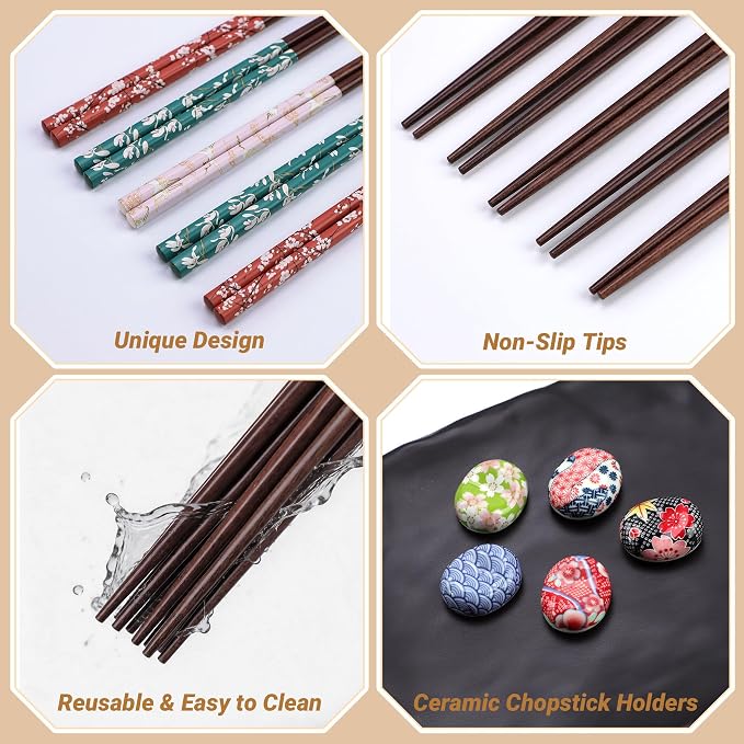 Antner 5 Pairs Reusable Wooden Chopsticks and Ceramic Rests Set, 8.8 Inch/22.5cm Classic Japanese Style Chopsticks with Holders for Ramen Sushi Asian Cuisine Lovers, Black Elegant Gift Box