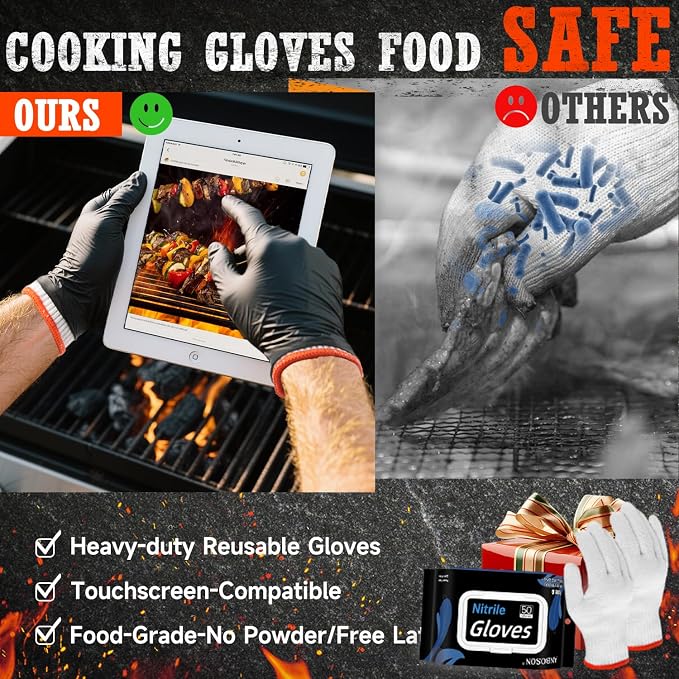 ANBOSON BBQ Gloves,Disposable BBQ Gloves Heat Resistant Cooking | 50 Disposable Nitrile Gloves with 2 Reusable Cotton Liners, Powder Free, Latex Free for Smoking,Grilling,Cooking,Food Prep
