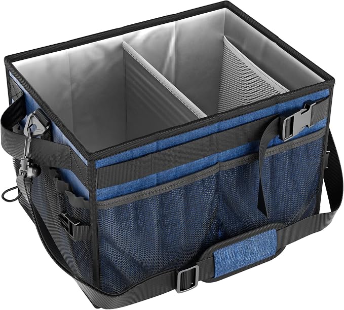 Grill Caddy, Foldable BBQ Caddy with Paper Towel Holder, Blue | 11 Compartments, Easy-Clean Aluminum Interior, 1680D Oxford Fabric, Water-Resistant, Shoulder Strap Included, Tailgating
