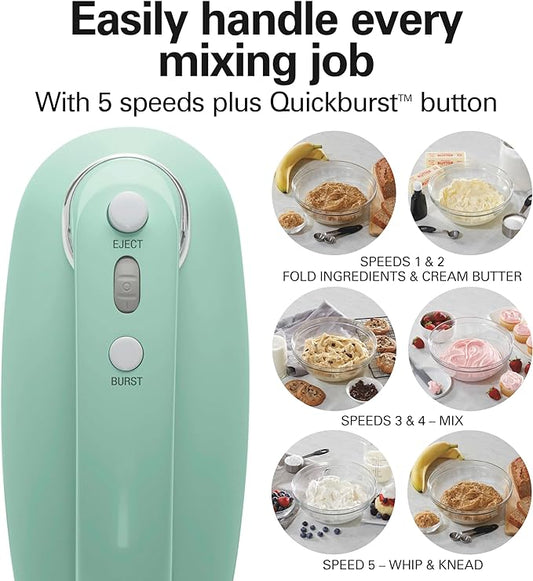 Hamilton Beach Vintage-Style 5-Speed Electric Hand Mixer, Powerful 1.3 Amp DC Motor for Effortless Mixing & Consistent Speed in Thick Ingredients, Slow Start, Beaters and Whisk, Green (62601N)