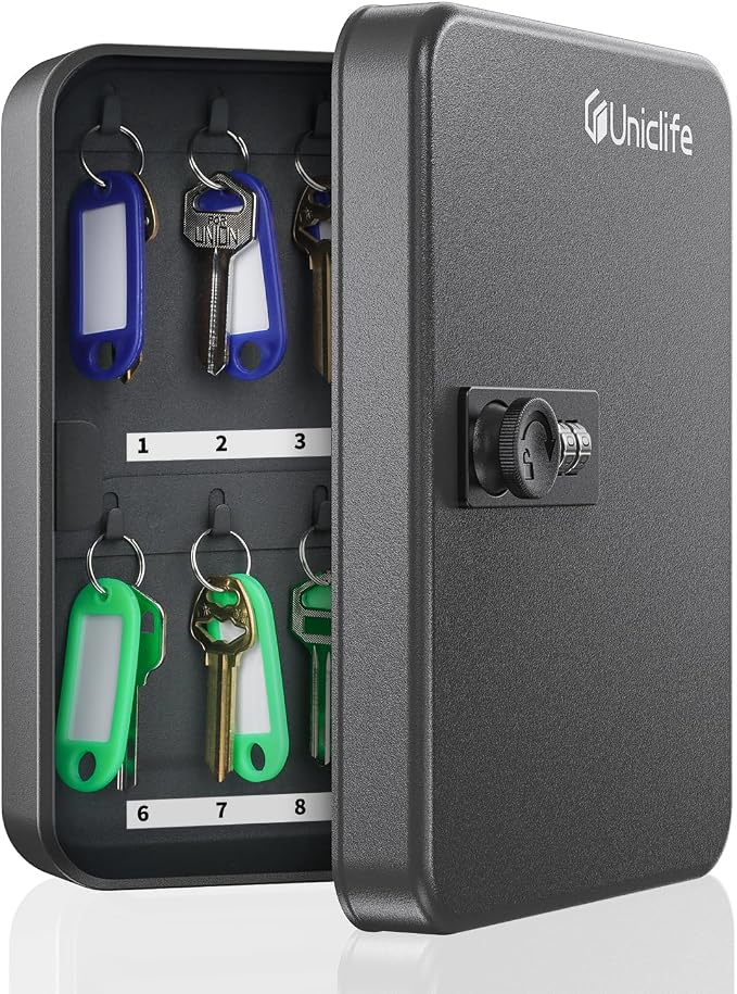 Uniclife 20-Key Steel Key Cabinet, Black Key Box with Combination Lock | Resettable Digital Security Storage Box, Wall-Mounted Key Organizer with Colorful Key Tag Labels for Schools and Companies