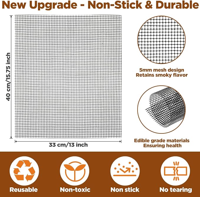 Grill Mesh Mat Set of 5 Non-Stick BBQ Grill Mats Reusable Grilling mat for Gas, Charcoal, Pellet, Oven & Air Fryer, 15.7 x 13 Inch
