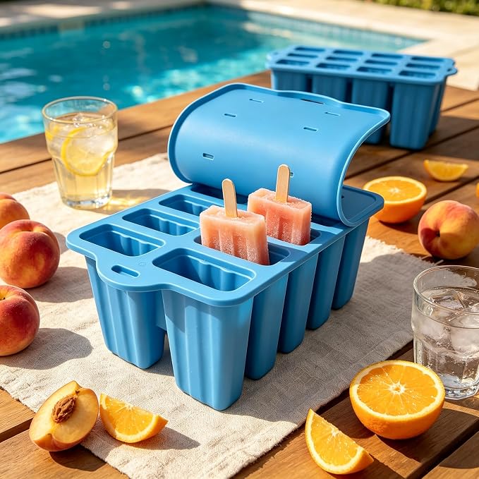 10-Cavity Silicone Popsicle Molds, BPA Free Homemade Ice Pop Maker, Blue | BPA Free Non-Stick, Easy Release, Comes with 100 Sticks, Bags, Brush & Funnel,Ideal for DIY Frozen Desserts,Kids & Home Use