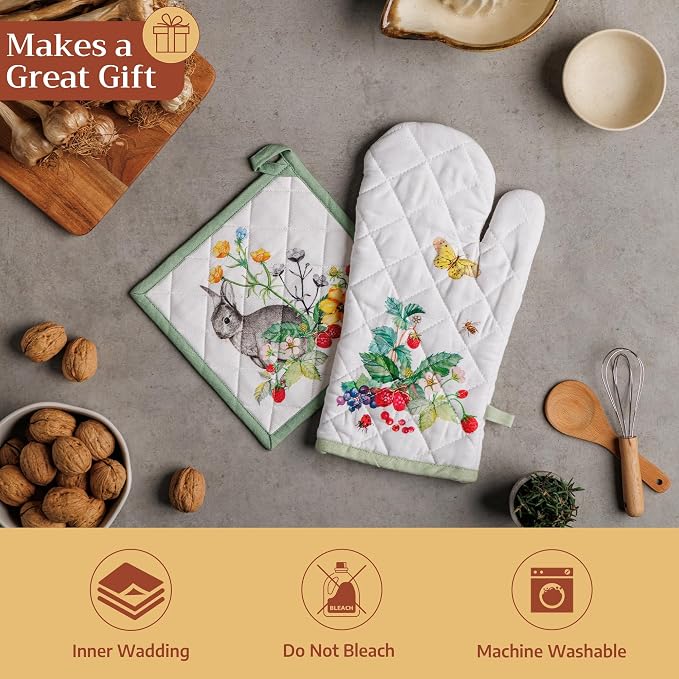 Maison d' Hermine Pot Holders 100% Cotton Potholders (8" x 8", Pack of 2) | Heat Resistant Hot Pads with Loop BBQ Cooking Baking Farmhouse Kitchen Handling Hot Pans Spring Summer - Printemps