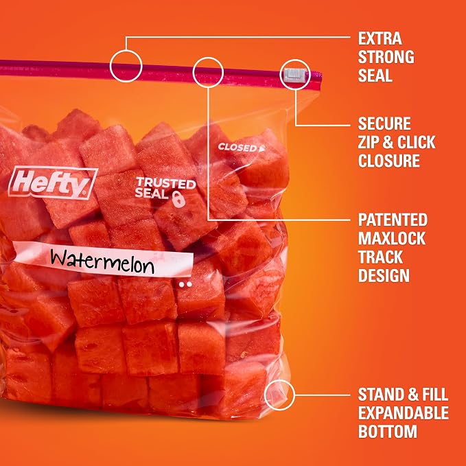 Hefty Slider Storage Bags, Gallon Size, 66ct | Bulk Pack, Gallon Storage Bags for Food, Snacks, Toiletries, and More, Writable Label, Stand and Fill, Secure Slider Closure