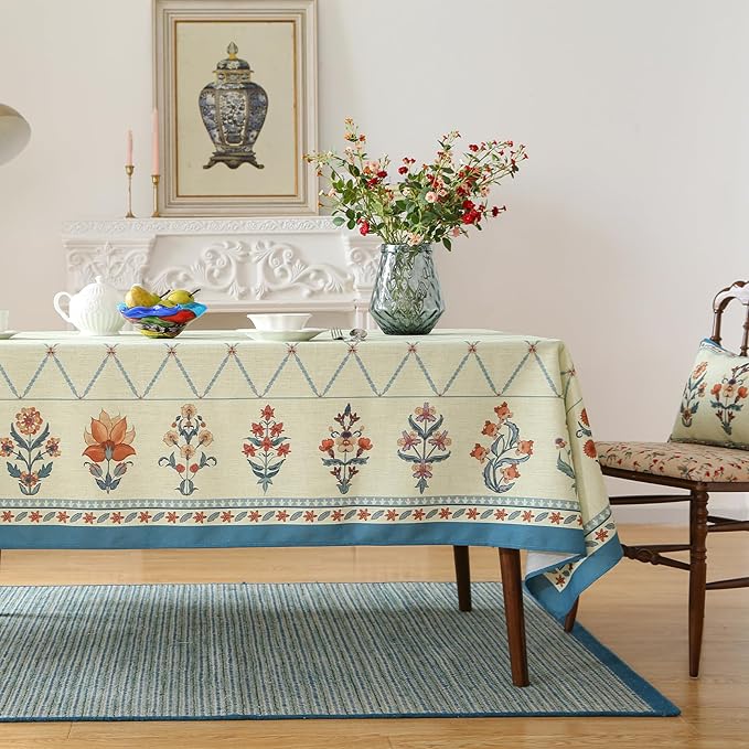 ISAENNE Designer Linen Floral Rectangular Tablecloth,Light Green Farmhouse Durable Table Cloth,Washable Decor Tablecloths for Dining Kitchen Thanksgiving Christmas,55"*87"-Floralsea B