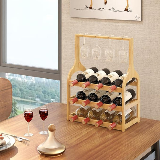 Bamboo Small Wine Rack Countertop, Freestanding Bottle Storage Holder | 12 Wine Bottles and 4 Glass Holder | Wooden Wine Storage Organizer Shelves for Kitchen Bar, Cellar, & Dining Room | Natural