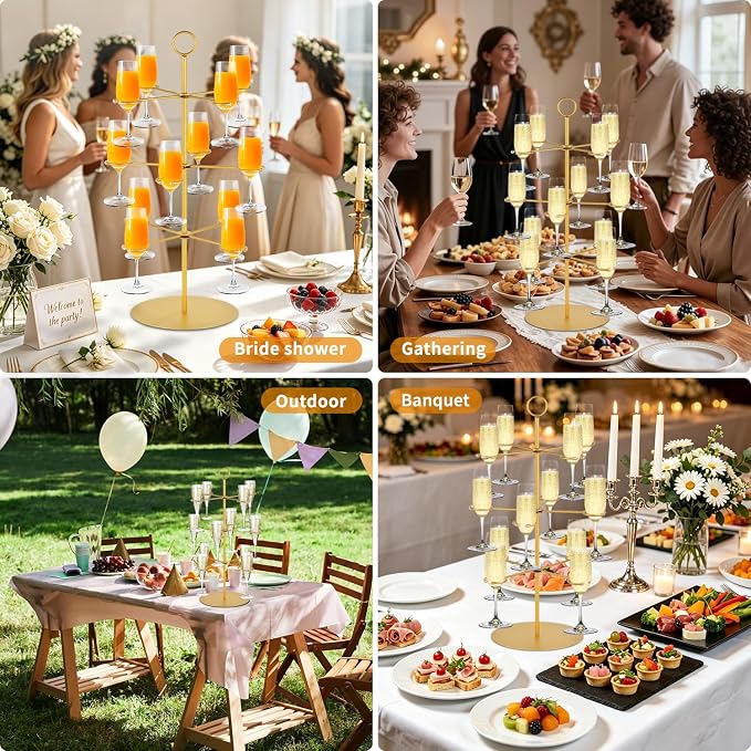 QPIX DIGITAL Champagne Tower,Metal Cocktail Tree Stand 3 Tier - 12 Holders For Champagne, Cocktails, Martini, Margarita Cups at Weddings,Bridal Parties & Events,Cocktail Glass Gold Holder