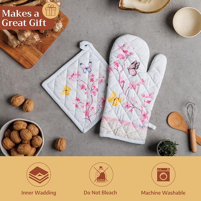 Maison d' Hermine Pot Holders 100% Cotton Potholders (8" x 8", Pack of 2) | Heat Resistant Hot Pads with Loop BBQ Cooking Baking Farmhouse Kitchen Handling Hot Pans Spring Summer - Blossoms in Spring