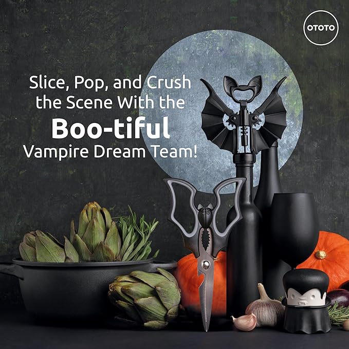 OTOTO Boo-tiful Crew Bundle of Elizabat, Vino, Gracula - Halloween Kitchen Decor Goth Accessories, Cool Kitchen Gadgets, Bat Scissors, Spooky, Witchy Bottle Opener, Garlic Crusher, Spooky Funny Gifts