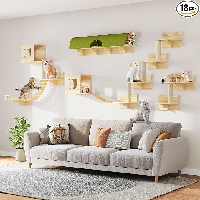 Cat Wall Shelves, 18-in-1 Cat Wall Furniture Set w/Tunnel & Bridge | Multi-Level Floating Cat Shelves for Space Saving, Solid Wood Cat Climbing System with Scratching Posts, 2 Condos, Burlywood