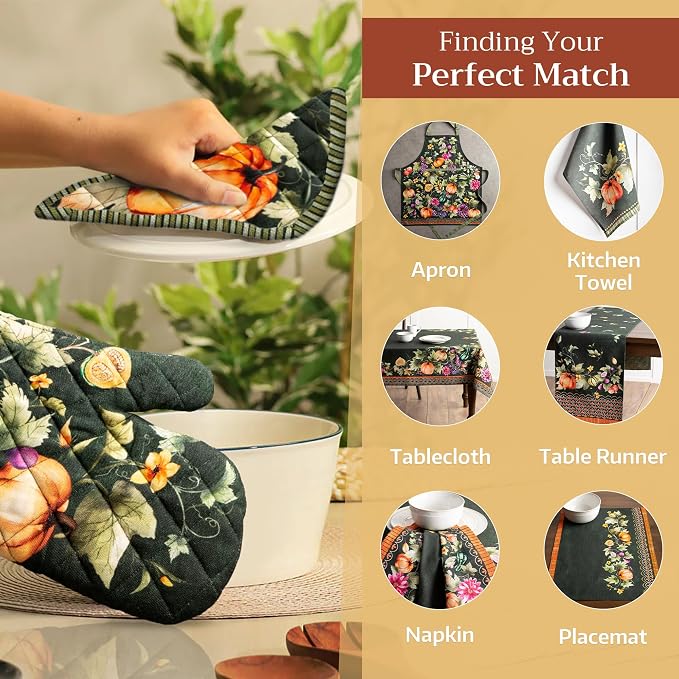 Maison d'Hermine Oven Gloves 100% Cotton Oven Mitt (7" x 13", Pack of 1) | With Loop Heat Resistant BBQ Cooking Gloves Kitchen Handling Hot Pans Thanksgiving Christmas - Pumpkin Garden - Dark Green