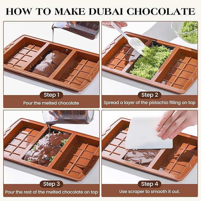 1 Pc Dubai Chocolate Bar Mold Deep Silicone 0.85 Inch Large Stuffed Chocolate Molds Nonstick Break Apart Square Shape Thick Candy Bar Molds