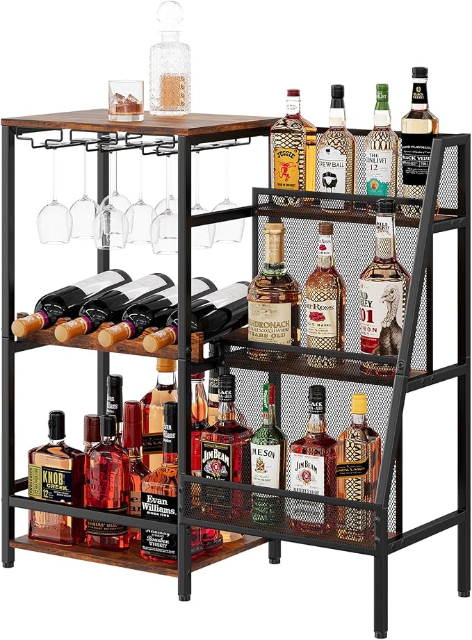 Versatile Liquor Stand for Home Bar, Wine Rack Freestanding Floor, Mini Bar Table for Liquor Whiskey Wine, 3-Tier Trapezoidal Liquor Bottle Display Shelf with Glass Holder and Fences(Patent Pending) | 3-Tier Display, 3 Glass Holder Rows, 4-Bottle Rack:...