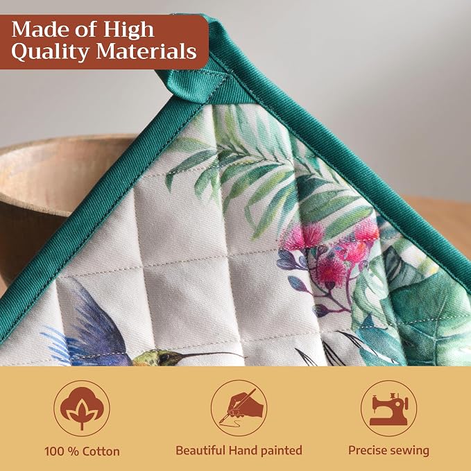 Maison d' Hermine 100% Cotton Oven Mitt & Pot Holder Set (7.5"x13" & 8"x8") | Heat Resistant BBQ Cooking Gloves with Loop Baking Grilling Kitchen Hotel Home Farmhouse Spring Summer - Tropiques