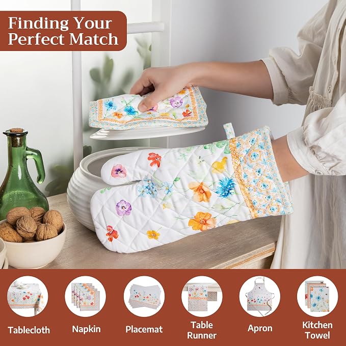 Maison d'Hermine Oven Gloves 100% Cotton Oven Mitt (7" x 13", Pack of 1) | With Loop Heat Resistant BBQ Cooking Gloves Baking Grilling Kitchen Handling Hot Pans Spring Summer - Summer Whisper