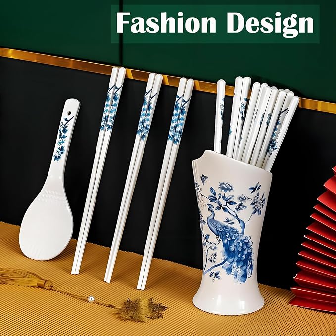 Ceramic Chopsticks Reusable,5 Pairs Porcelain Chop sticks,Blue Bird,9.7'' | Easy to Clean,Dishwasher Safe,Heat Resistant,9.7'',with a Gift case,Cooking Chopsticks,High-grade Bone China Porcelain