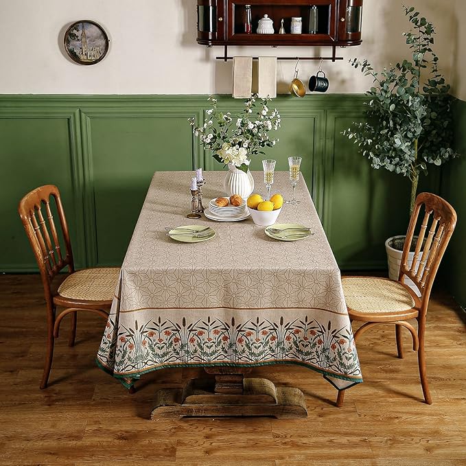 patdrea Designer French Light Brown Long Rectangle Table Cloth,Linen Floral Durable Breathable Tablecloth,Decorative for Kitchen Dining,Parties,Tea Party,Christmas,Thanksgiving,63"x102"-Cudillero