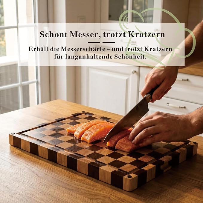 Checkered End Grain Cutting Board with Juice Groove & Handle | 17" x 12" x 1.2" Thick | Acacia & Rubber Wood | Reversible End Grain | Juice Groove | Meat, Bread & Vegetable Prep