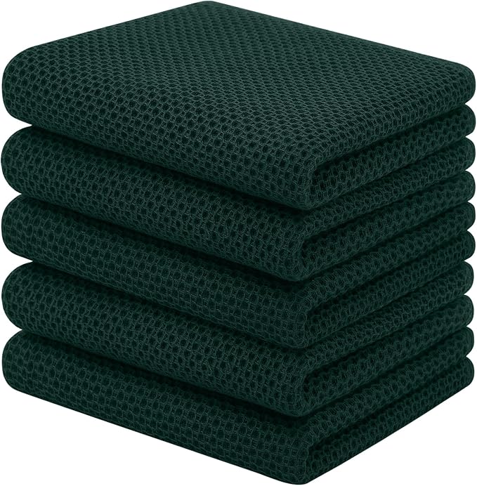 Homaxy 100% Cotton Waffle Weave Kitchen Towels, 5-Pack, Blackish Green | 13 x 28 Inches, Ultra Soft Absorbent Dish Towels, Quick Drying Cleaning Towels