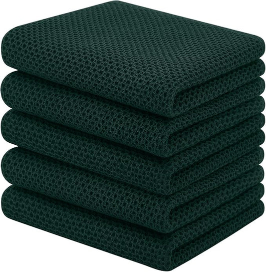 Homaxy 100% Cotton Waffle Weave Kitchen Towels, 5-Pack, Blackish Green | 13 x 28 Inches, Ultra Soft Absorbent Dish Towels, Quick Drying Cleaning Towels