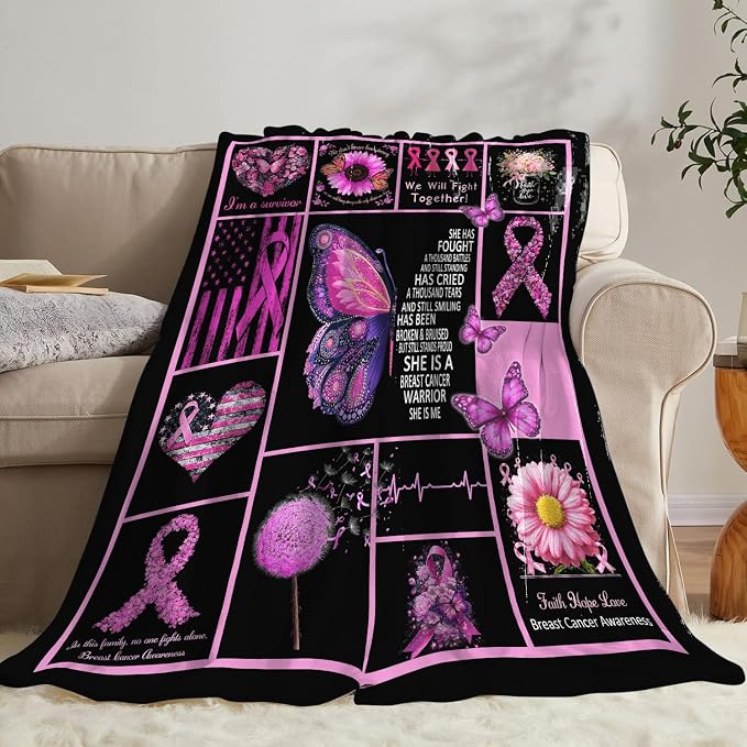 Breast Cancer Awareness Blanket Chemo Pink Ribbon Flannel Plush Throw Blanket Cozy Inspirational Warrior Decor Fleece Stuff Blanket Gifts for Lover Girls Boys Kids Adults Women Bed Travel 60"x80"