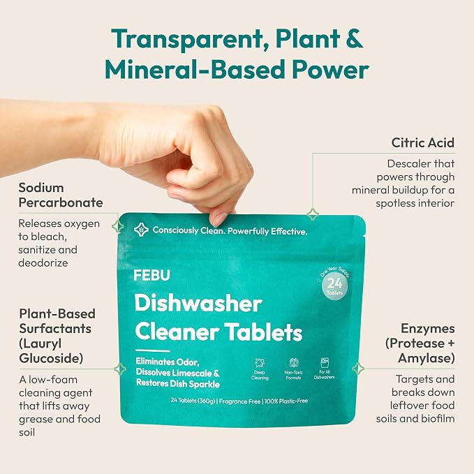 FEBU Dishwasher Cleaner Tablets Made in USA | Natural Dishwasher Cleaner and Deodorizer | Eliminates Grease & Grime | 8 Natural, Biodegradable, Plant-Based Ingredients | 24 Tablets - 12 Month Supply
