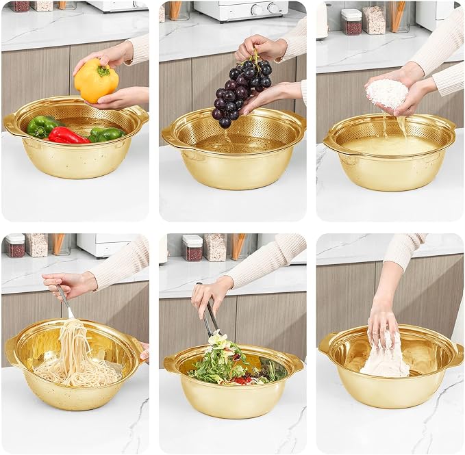 Paoli 304 Stainless Steel Fine Mesh Colander Set, 5QT Large Capacity Strainer with Mixing Bowl — Rinse Fruits, Veggies, Rice & Drain Pasta, Dishwasher Safe (2-Piece Gold)