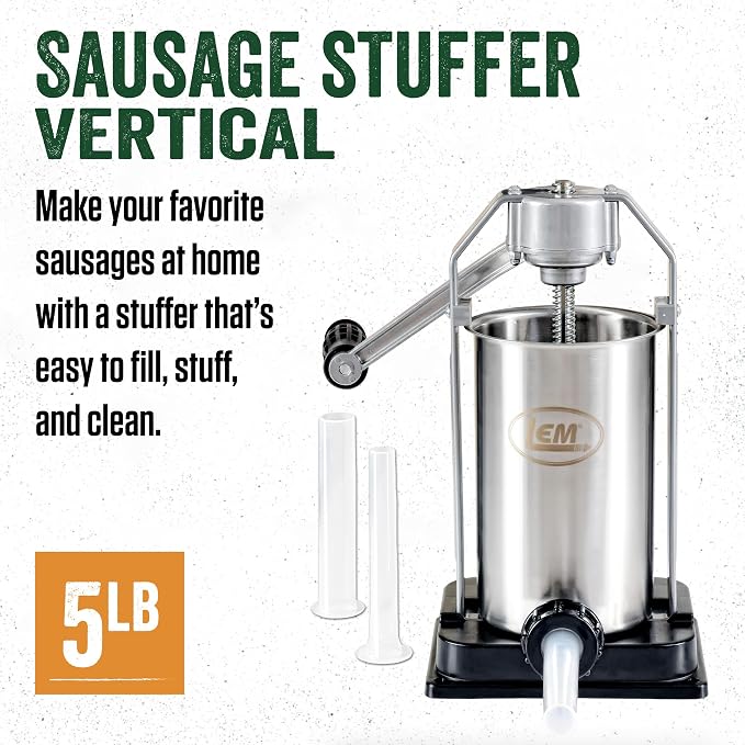 LEM Products 5 lb Sausage Stuffer, For Beginners & First-Time Sausage Making, Includes Stuffing Tubes, Removable Cylinder for Easy Cleaning, Air-Release Piston, Meat Stuffer Machine