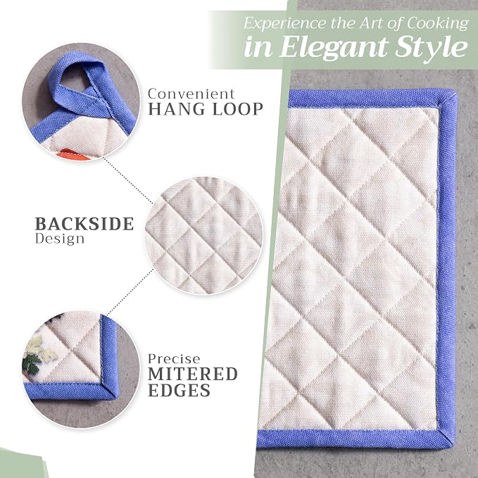 Maison d' Hermine 100% Cotton Oven Mitt & Pot Holder Set (7.5"x13" & 8"x8") | Heat Resistant BBQ Cooking Gloves with Loop Baking Grilling Kitchen Hotel Home Farmhouse Spring Summer - Gourmand
