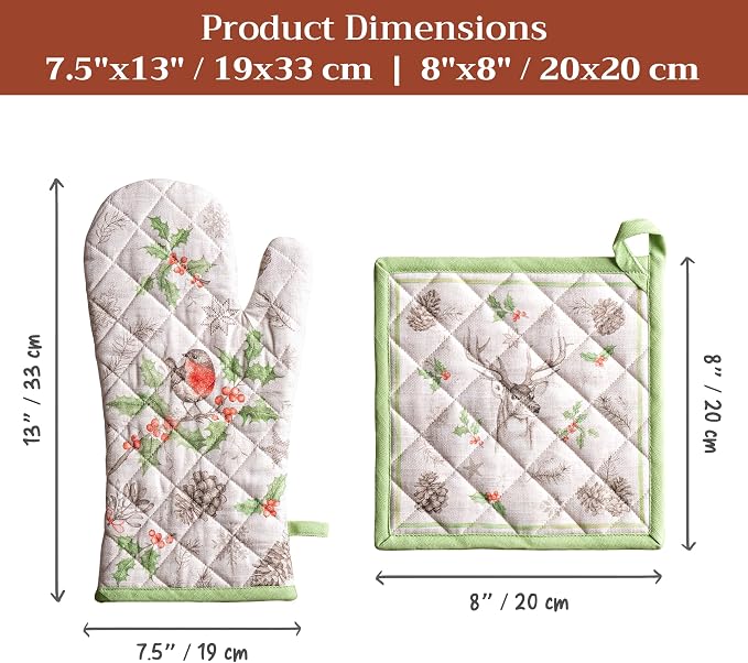 Maison d' Hermine 100% Cotton Oven Mitt & Pot Holder Set (7.5"x13" & 8"x8") | Heat Resistant BBQ Cooking Gloves with Loop Baking Grilling Kitchen Home Farmhouse Thanksgiving Christmas - Christmas Dew