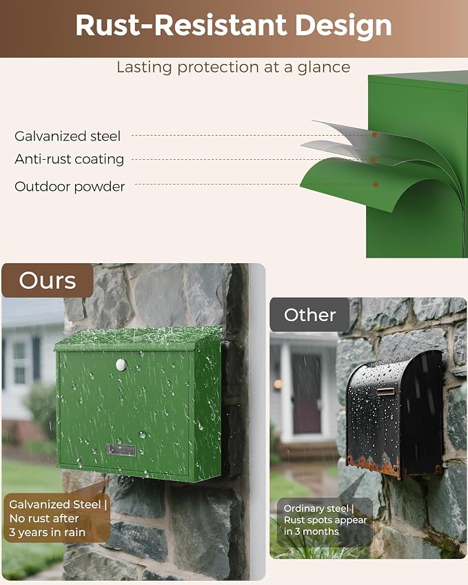 LAND·VOI Locking Wall-Mount Mailbox for Outside, with 4 Keys, Galvanized Steel Rustproof Metal Postbox, 4" Dx13.8 Wx11.2 H, Includes 3 Sets of Mailbox Numbers, Nameplate, Green