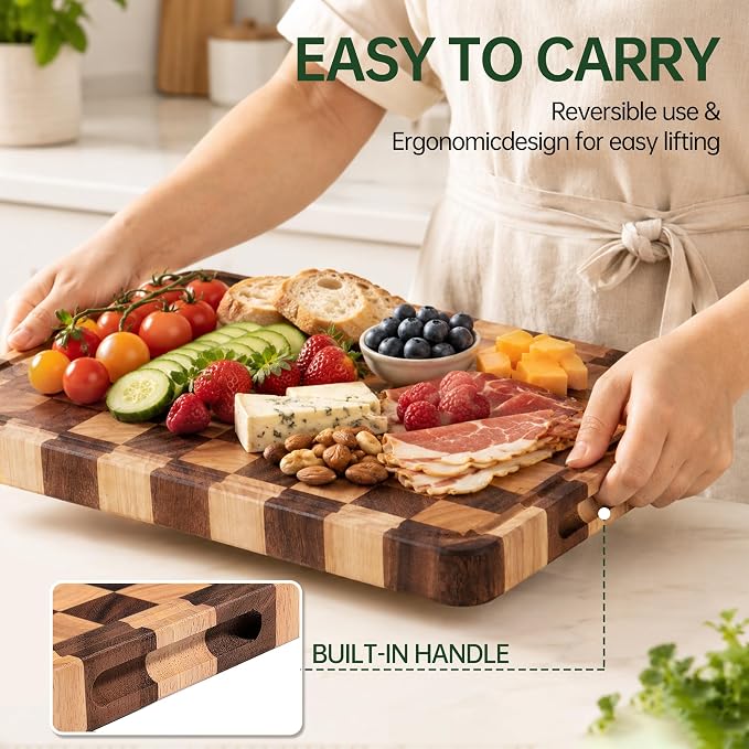 1.4" Checkered Cutting Boards for Kitchen, Thick Wood Butcher Block | Chooping Board with Juice Grooves & Handles, Serving Tray for Meat, Vegetables Fruits with Gift Box, 16" x 11"