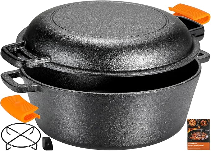 TLGREEN Cast Iron Dutch Oven 6.7QT Pot 2.5QT Skillet Lid Silicone Holders | Cast Iron Skillets, Heat Resistant Stand Included, Fits All Heat Sources for Outdoor Camping, Safe for Long High Temp Cooking
