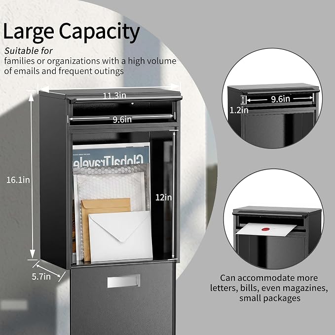 Wall Mounted Locking Mailbox for Outside, Heavy Duty Steel | Large capacity wall mounted mailbox, fits letters, magazines, parcels, waterproof design with secure lock