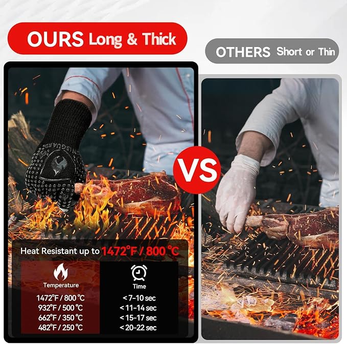 BBQ & Grill Gloves, Oven Gloves, 1472°F Silicone Oven Mitts Heat Resistant Grilling Gloves Fireproof Non-Slip for Barbecue Cooking Baking Smoking, 1-Pair Gray（L）